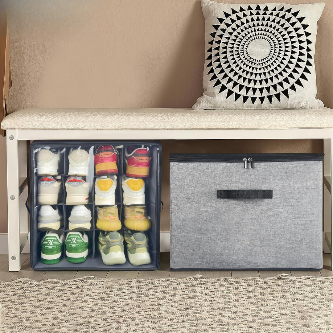 ™Evrikon | קופסת אחסון נעליים לארון – מכסה שקוף, תאים מתכווננים, מכיל 16–32 זוגות